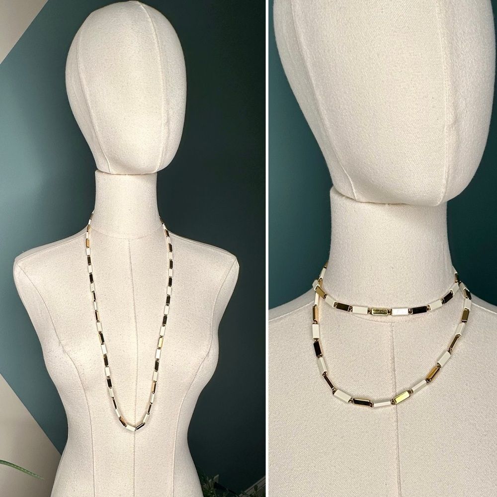Kate Spade Cream & Gold Enamel Link Necklace 21” Geometric Chain Long, layered